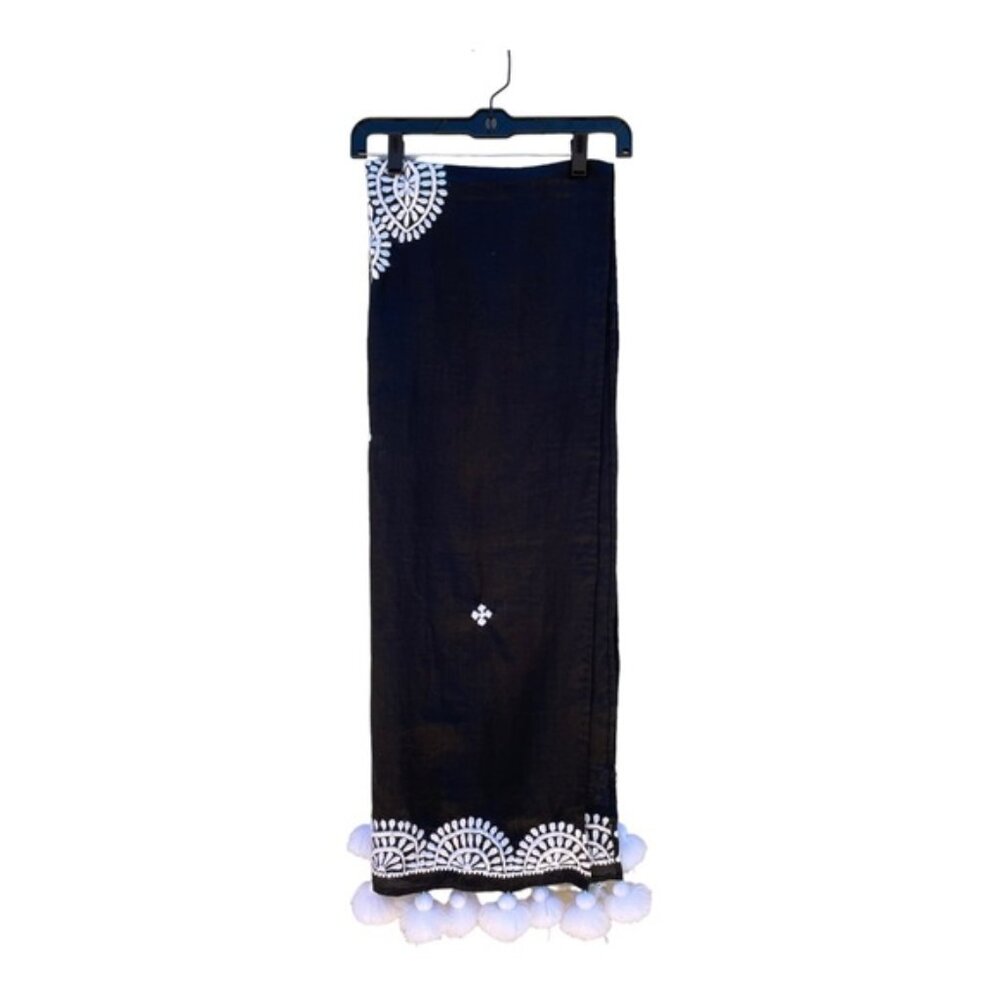 Black & White Embroidered Linen Blend Wrap/Shawl with Fringe Pom Pom's
